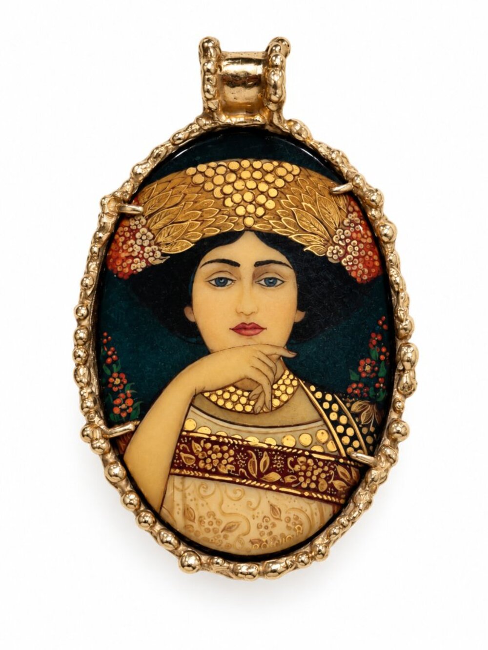 Large Hand-Painted Portrait Pendant – Gold-Plated Artisan Wearable Art – 2.75"